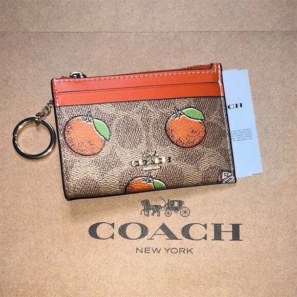 COACH Cardholder Mini Skinny Id Case Card Wallet & Keychain w Orange Print NWT - Picture 1 of 4